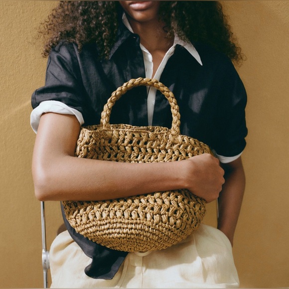Mango Double-Handle Woven Paper Bucket Bag Brown Olive Green Natural-Fibre - Picture 1 of 10